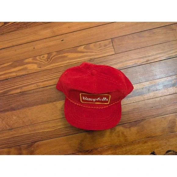 Vintage Campbells Soup Derby Cap Red Corduroy Snapback Hat Made in USA Rope Trim